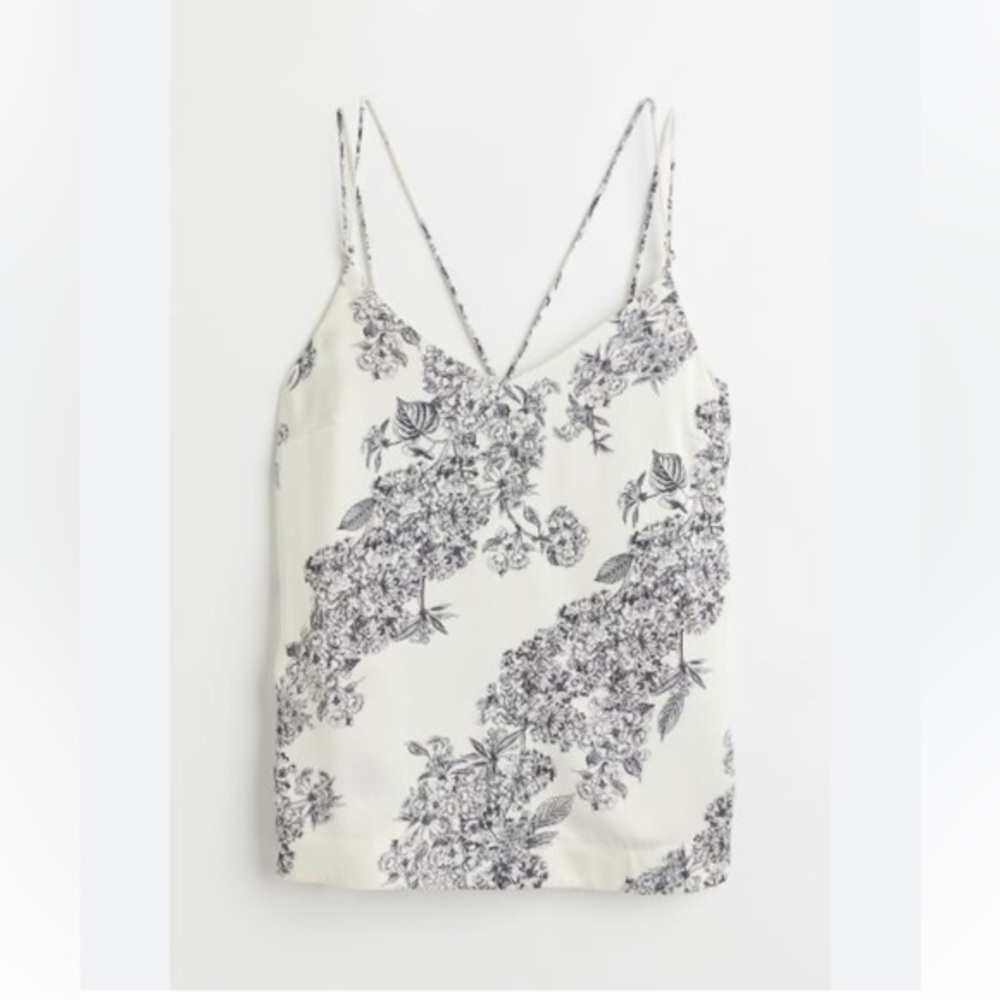 H&M Elegant Silky White & Navy Floral Print Cami Size Large